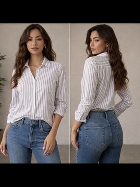 Reitmans White Button-Down Shirt with Black Pinstripes. NWT